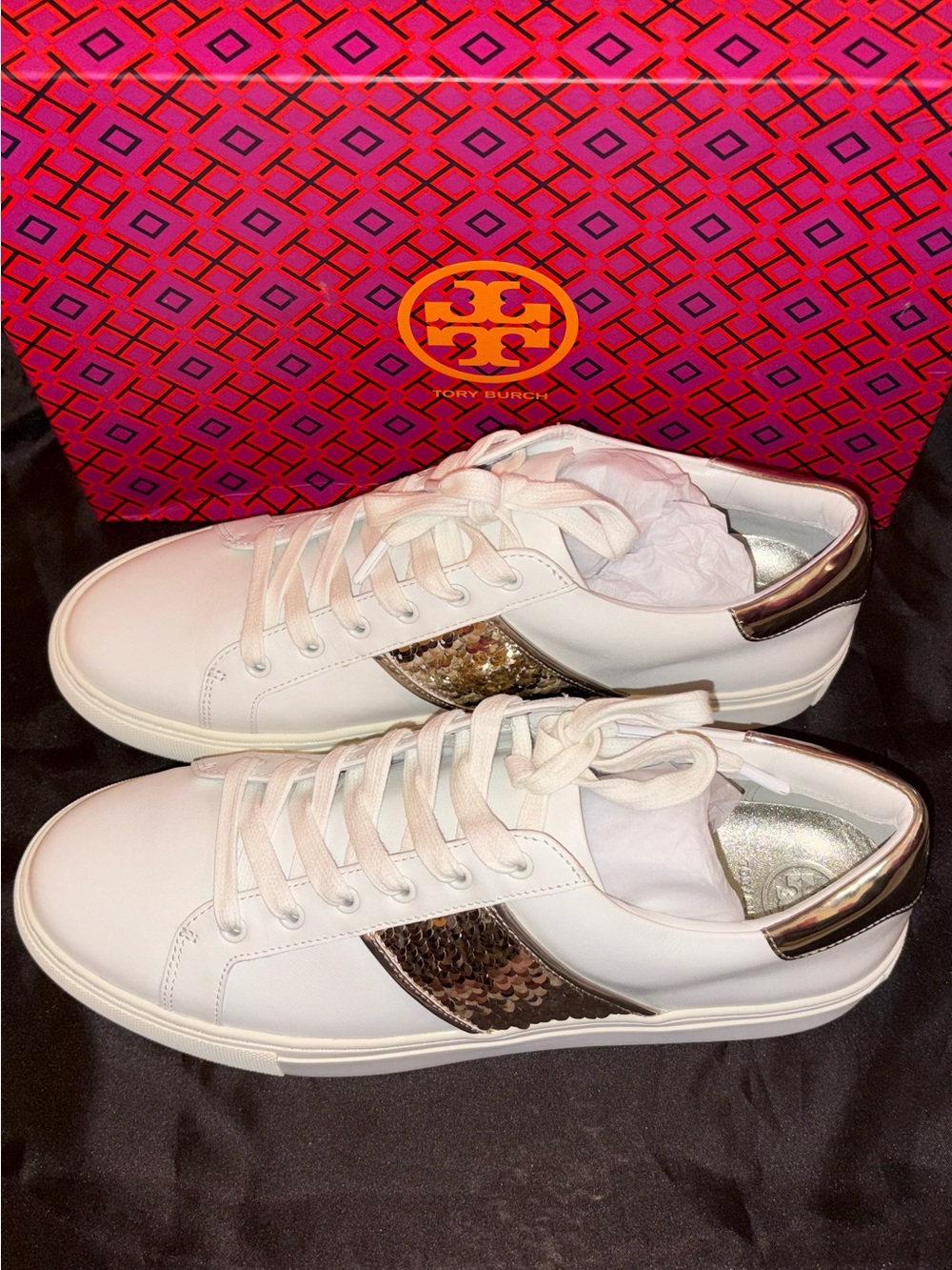 Tory Burch White Sneakers with Gold Sequin Stripe - Picture 2 of 5